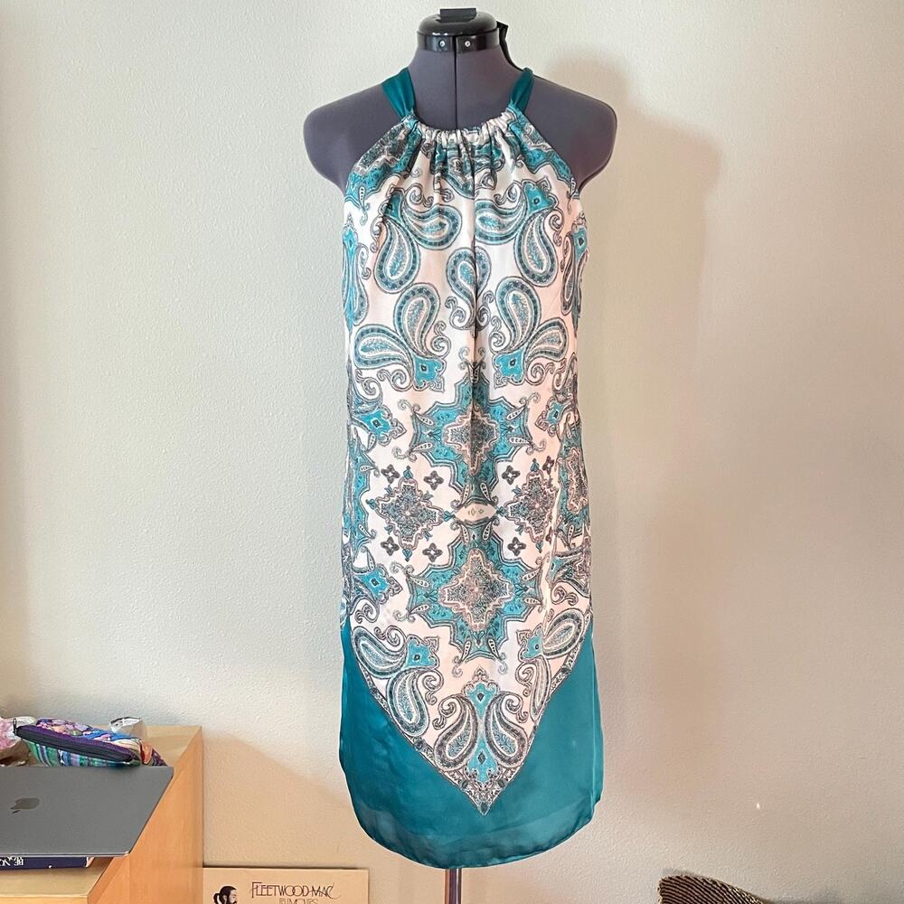 y2k vintage 2000s satin silky blue paisley dress fairy boho whimsy